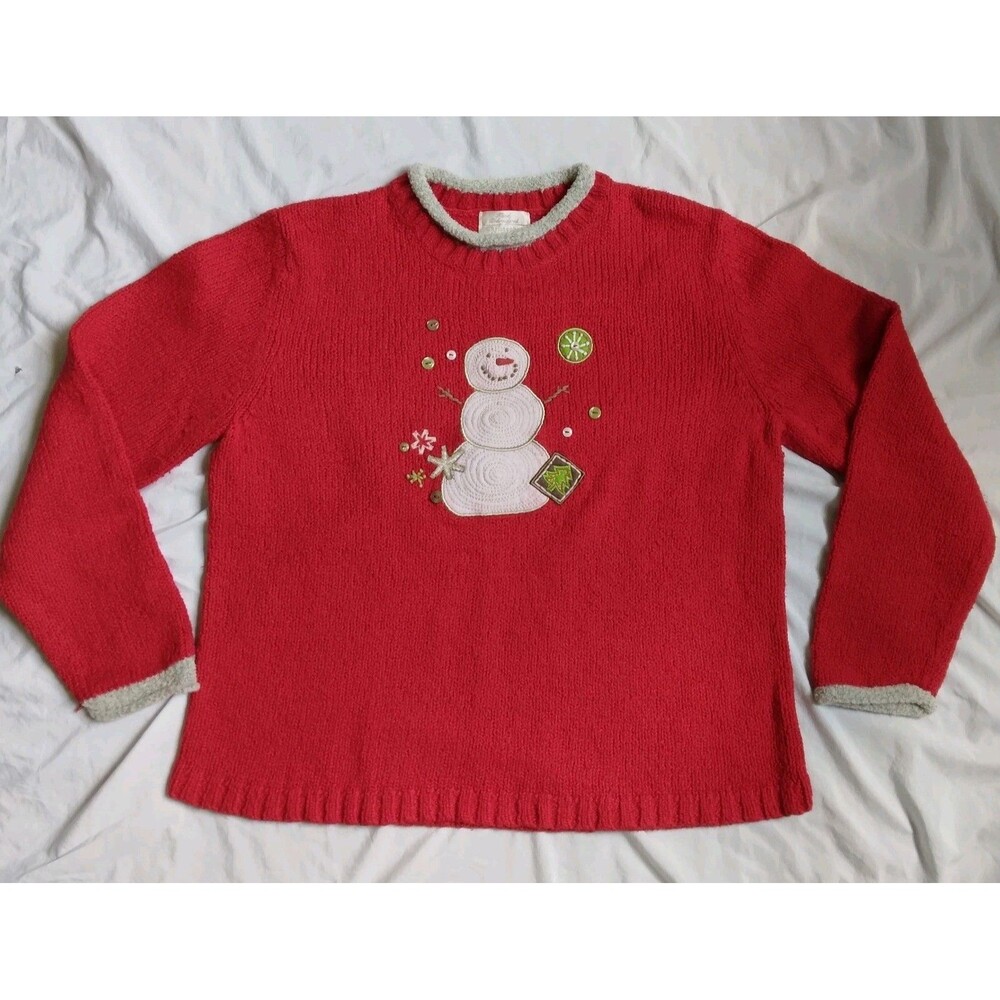 Christopher & Banks Christmas Sweater Snowman Hand Embroidered Womens Size L
